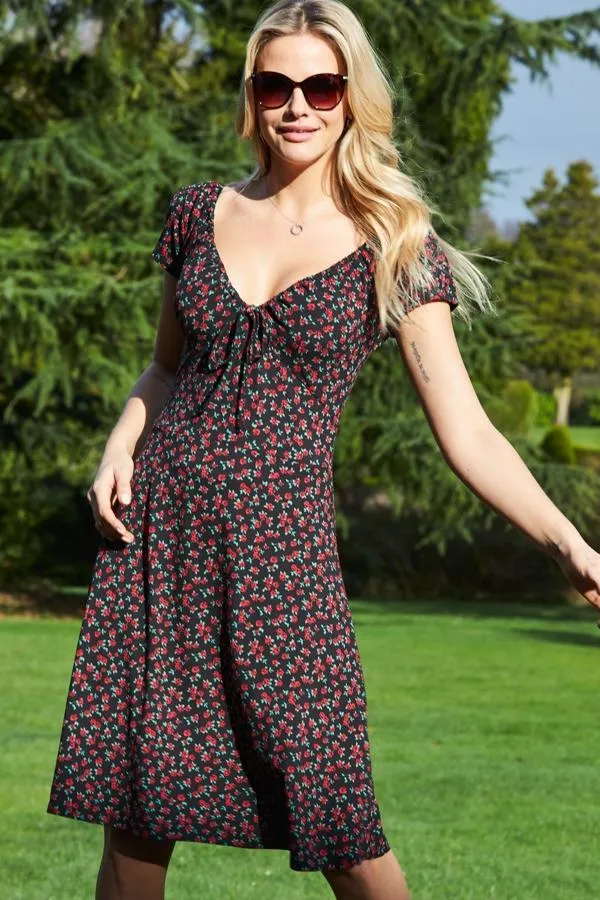 Sosandar Dresses Women Rose Bud Print Ruched Neckline Dress Rose Bud
