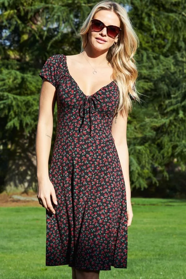 Sosandar Dresses Women Rose Bud Print Ruched Neckline Dress Rose Bud