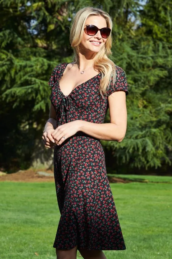 Sosandar Dresses Women Rose Bud Print Ruched Neckline Dress Rose Bud