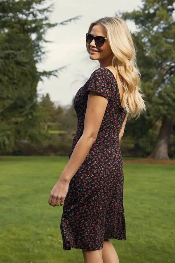 Sosandar Dresses Women Rose Bud Print Ruched Neckline Dress Rose Bud