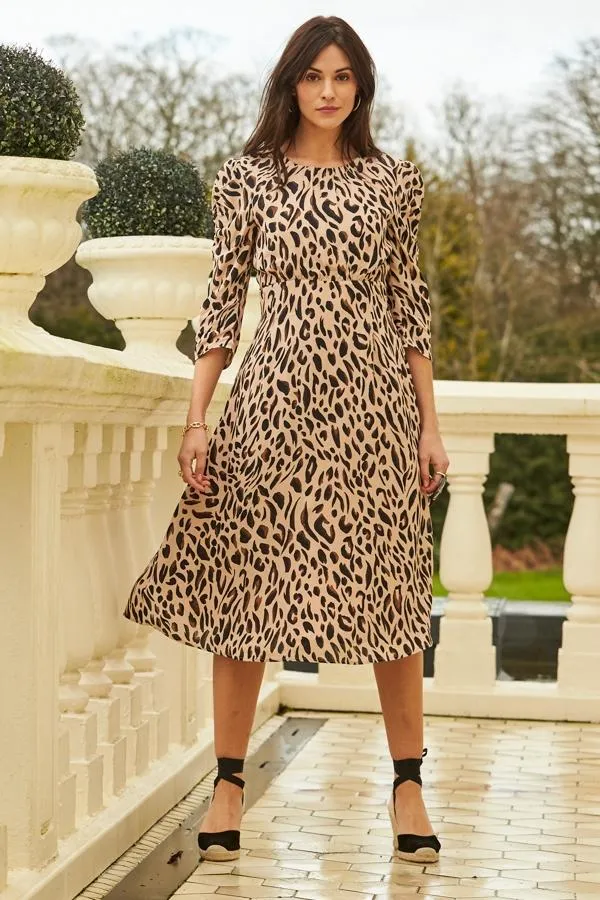 Sosandar Dresses Women Soft Pink Animal Print Ruched Shoulder Midi Dress