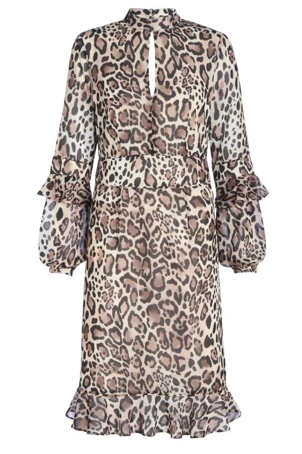 Sosandar Dresses Women Tan Leopard Print Fit and Flare Ruffle Dress Tan
