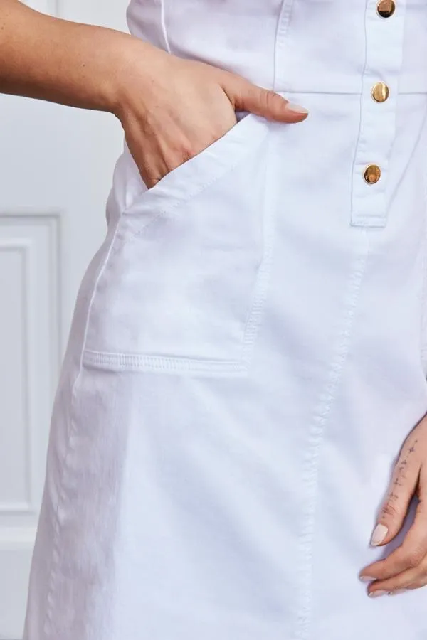 Sosandar Dresses Women White Popper Front Short Sleeve Stretch Denim Dress White