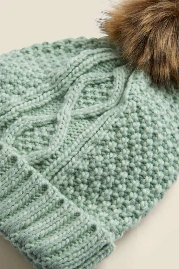 Sosandar Hats Scarves and Gloves Women Kelly Mint Green Cable Knit Pom Pom Hat Green