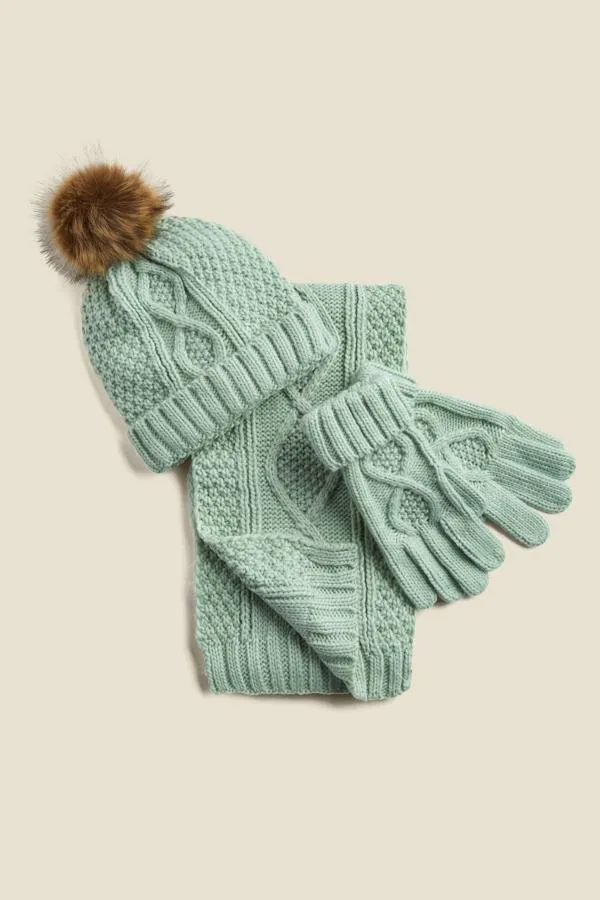 Sosandar Hats Scarves and Gloves Women Kelly Mint Green Cable Knit Pom Pom Hat Green