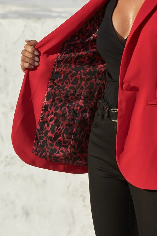 Sosandar Jackets and Coats Women Red Leopard Print Lining Blazer Red
