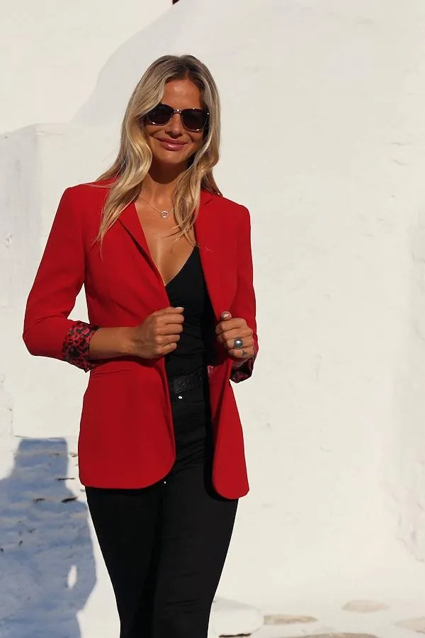 Sosandar Jackets and Coats Women Red Leopard Print Lining Blazer Red