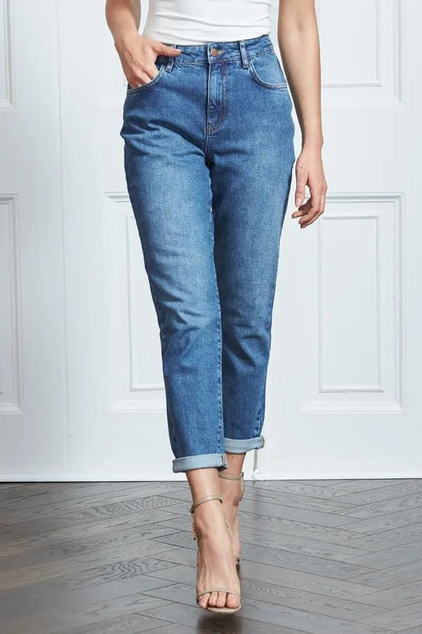 Sosandar Jeans and Jeggings Women Mid Blue Slim Leg Mom Jeans Mid Blue