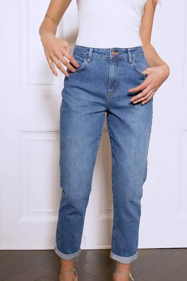 Sosandar Jeans and Jeggings Women Mid Blue Slim Leg Mom Jeans Mid Blue