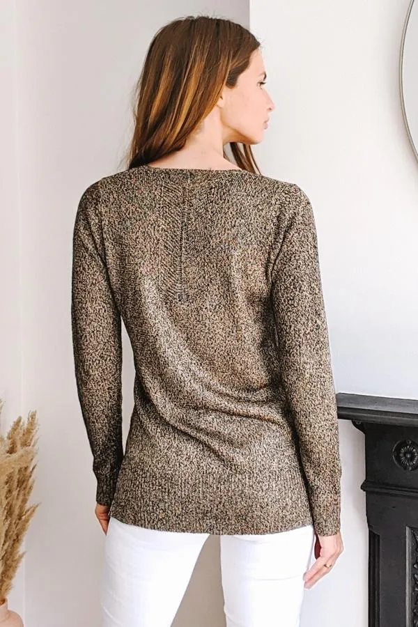 Sosandar Knitwear Women Gold Metallic V Neck Jumper