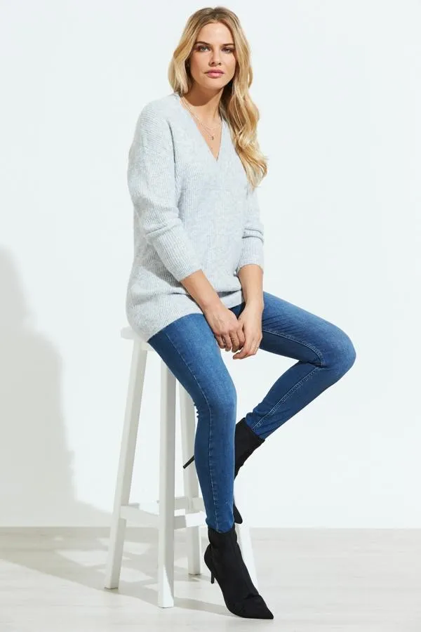 Sosandar Knitwear Women Grey Super Soft V Neck Ribbed Jumper Grey