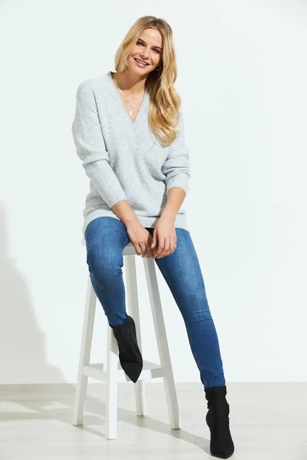 Sosandar Knitwear Women Grey Super Soft V Neck Ribbed Jumper Grey