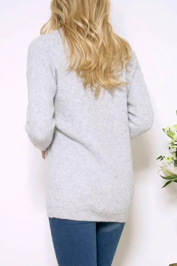 Sosandar Knitwear Women Grey Super Soft V Neck Ribbed Jumper Grey