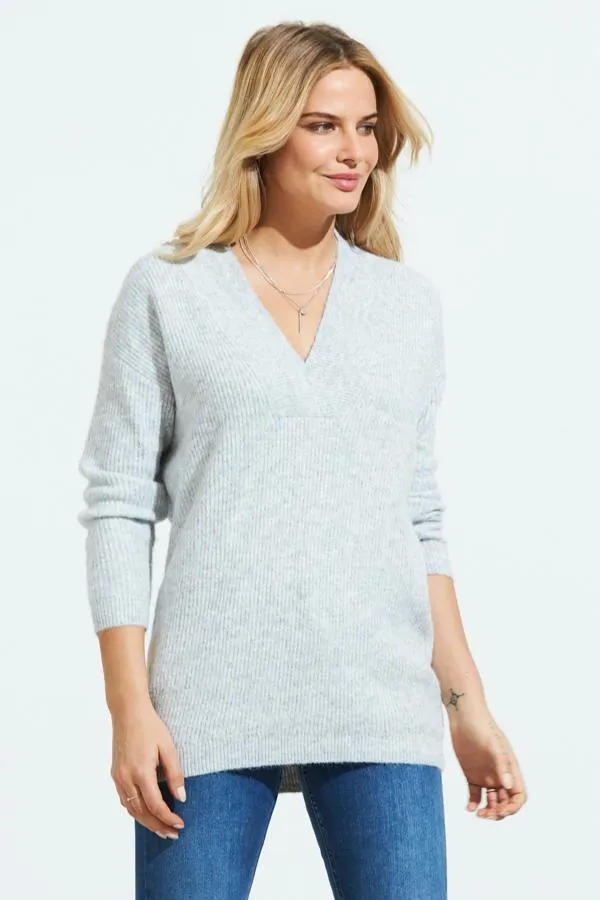 Sosandar Knitwear Women Grey Super Soft V Neck Ribbed Jumper Grey