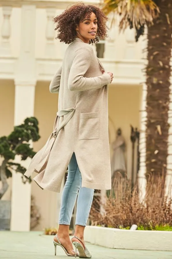 Sosandar Knitwear Women Oatmeal Longline Belted Cardigan With Pockets
