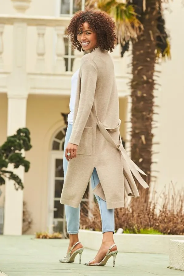 Sosandar Knitwear Women Oatmeal Longline Belted Cardigan With Pockets
