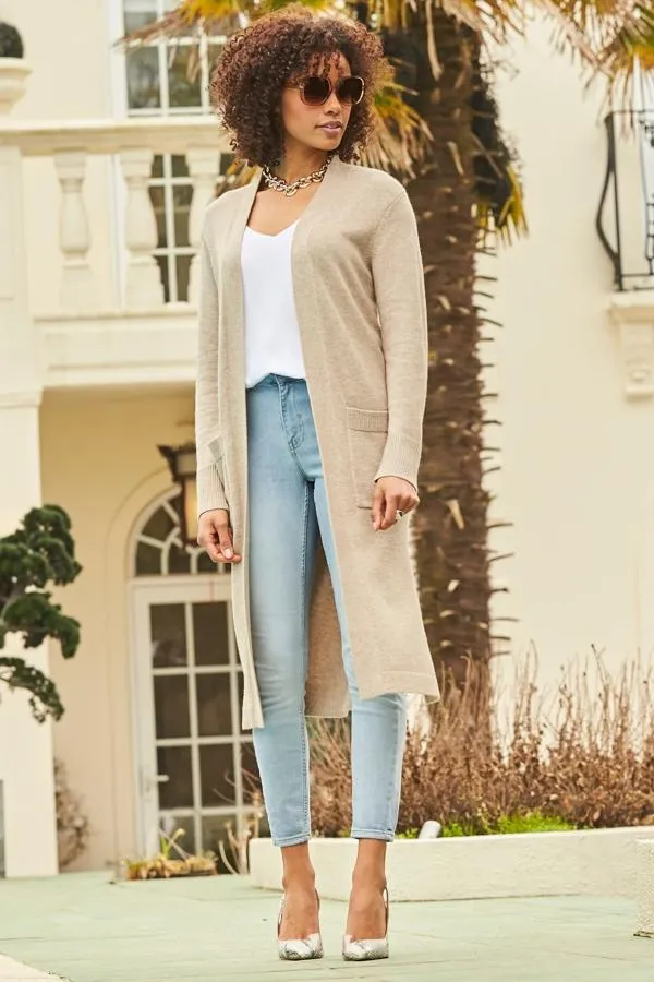Sosandar Knitwear Women Oatmeal Longline Belted Cardigan With Pockets