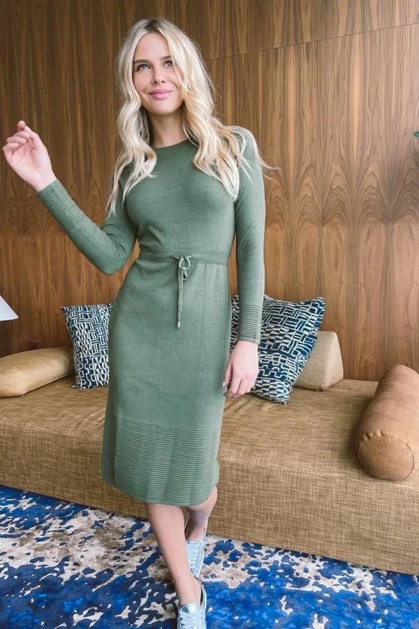 Sosandar Knitwear Women Olive Green Rib Detail Tie Waist Knitted Dress Green