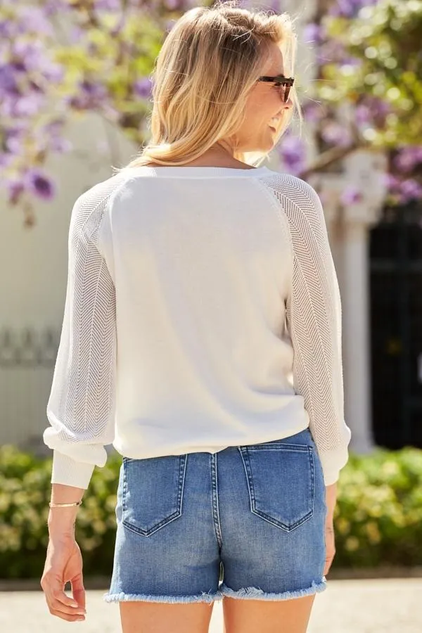 Sosandar Knitwear Women White V Neck Pointelle Sleeve Fine Knit Jumper White