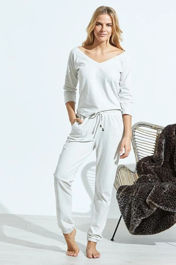 Sosandar Leisurewear Women Ivory Marl Jersey V Neck Loungewear Top Ivory