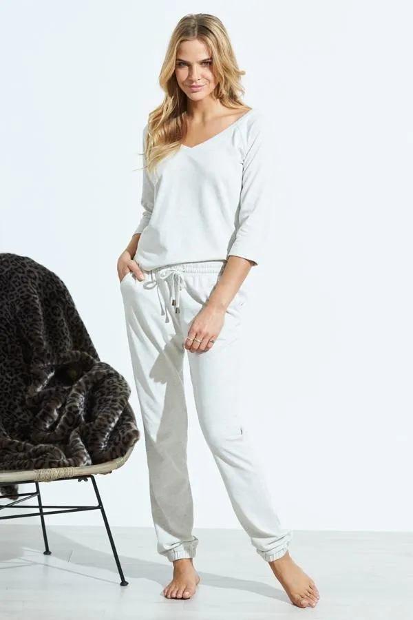 Sosandar Leisurewear Women Ivory Marl Jersey V Neck Loungewear Top Ivory
