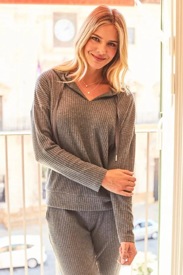Sosandar Loungewear Women Charcoal Grey Ribbed Super Soft Loungewear Hooded Top Charcoal Grey