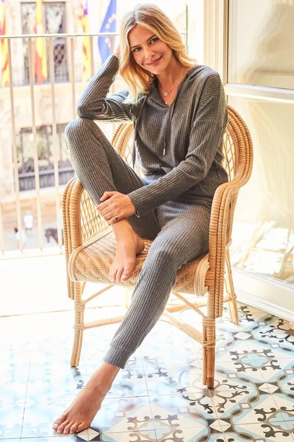 Sosandar Loungewear Women Charcoal Grey Ribbed Super Soft Loungewear Hooded Top Charcoal Grey
