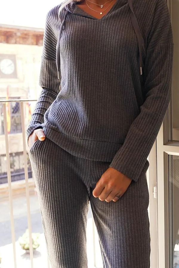 Sosandar Loungewear Women Charcoal Grey Ribbed Super Soft Loungewear Hooded Top Charcoal Grey