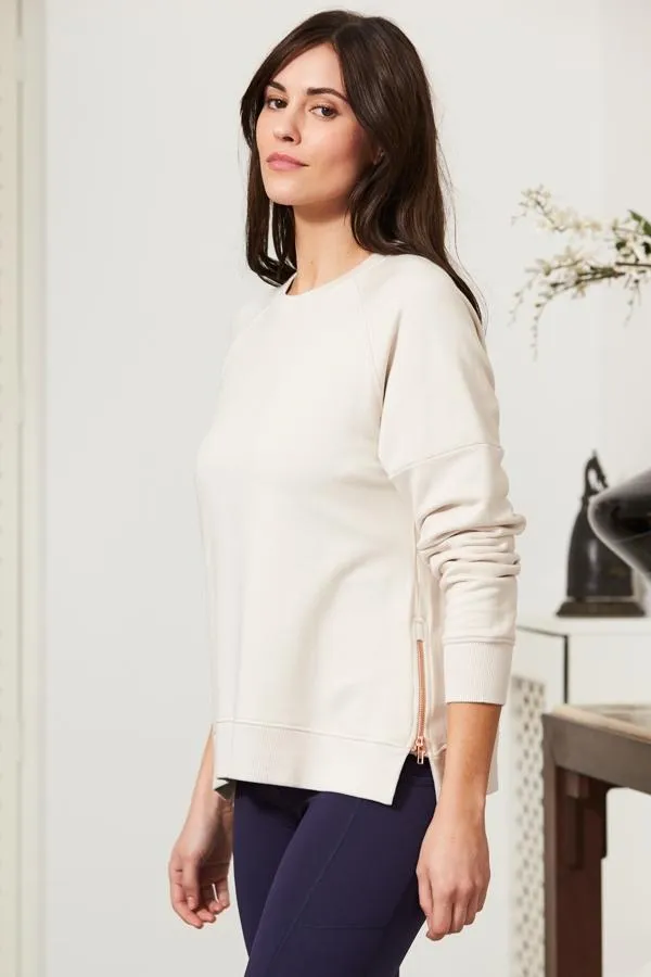 Sosandar Loungewear Women Ivory Premium Sweatshirt With Rose Gold Side Zips Ivory
