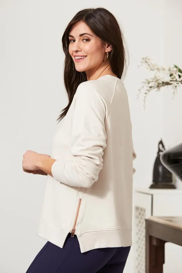 Sosandar Loungewear Women Ivory Premium Sweatshirt With Rose Gold Side Zips Ivory