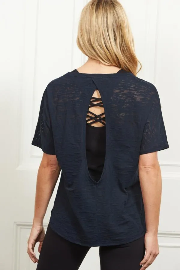 Sosandar Loungewear Women Midnight Blue Open Back Namaste T Shirt Blue