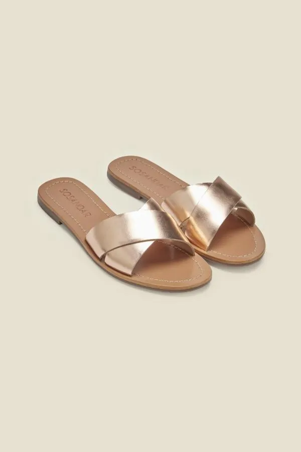 Sosandar Sandals and Flip Flops Women Lisbon Rose Gold Leather Cross Strap Mule Flat Sandal