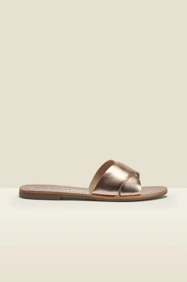 Sosandar Sandals and Flip Flops Women Lisbon Rose Gold Leather Cross Strap Mule Flat Sandal