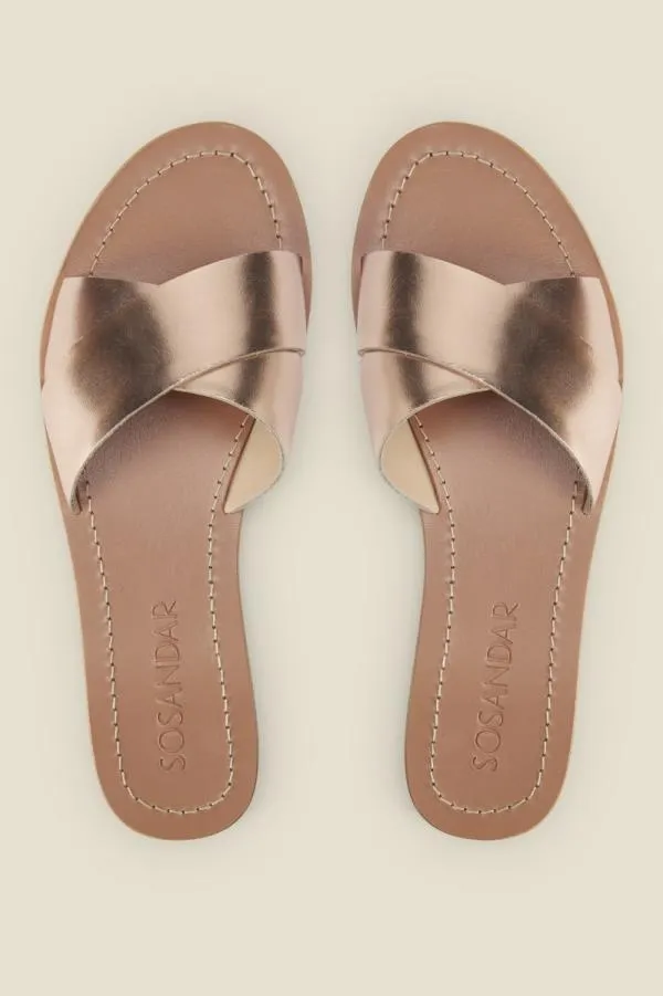 Sosandar Sandals and Flip Flops Women Lisbon Rose Gold Leather Cross Strap Mule Flat Sandal