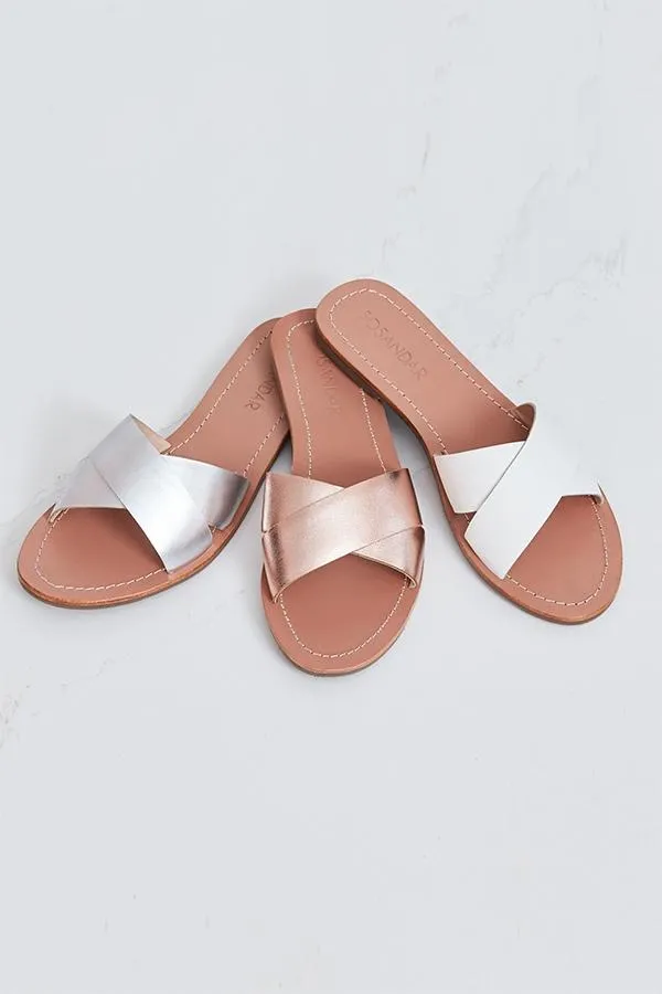 Sosandar Sandals and Flip Flops Women Lisbon Rose Gold Leather Cross Strap Mule Flat Sandal