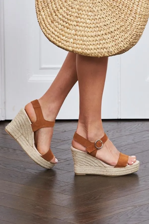 Sosandar Sandals and Flip Flops Women Paige Tan Suede Circle Buckle Wedge Espadrille