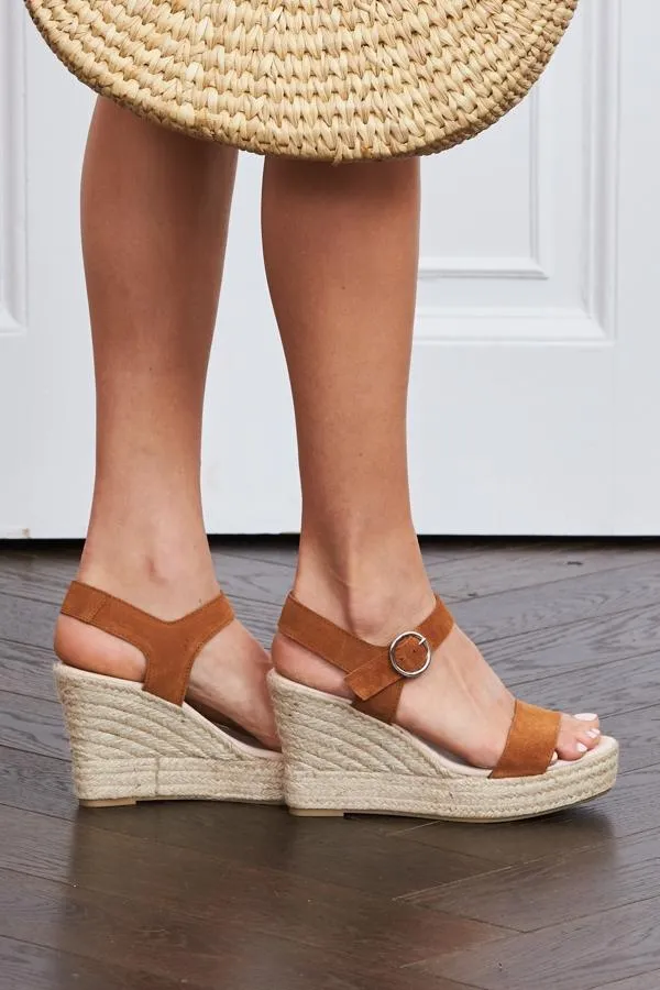 Sosandar Sandals and Flip Flops Women Paige Tan Suede Circle Buckle Wedge Espadrille