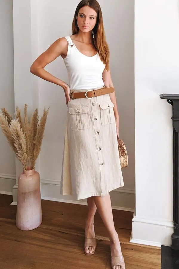Sosandar Skirts Women Natural Button Front Linen Midi Skirt