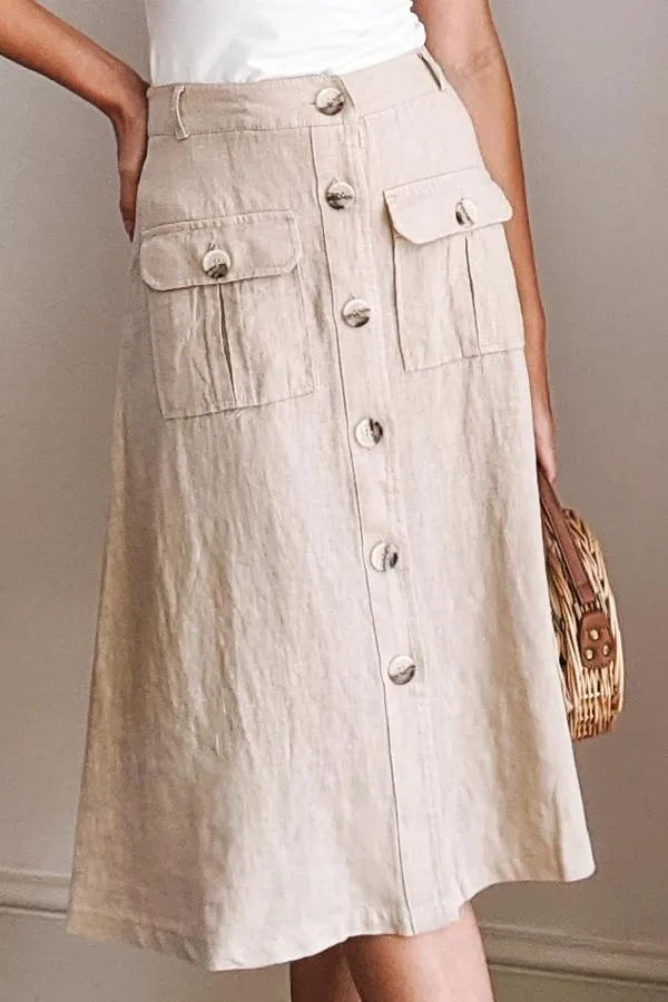 Sosandar Skirts Women Natural Button Front Linen Midi Skirt