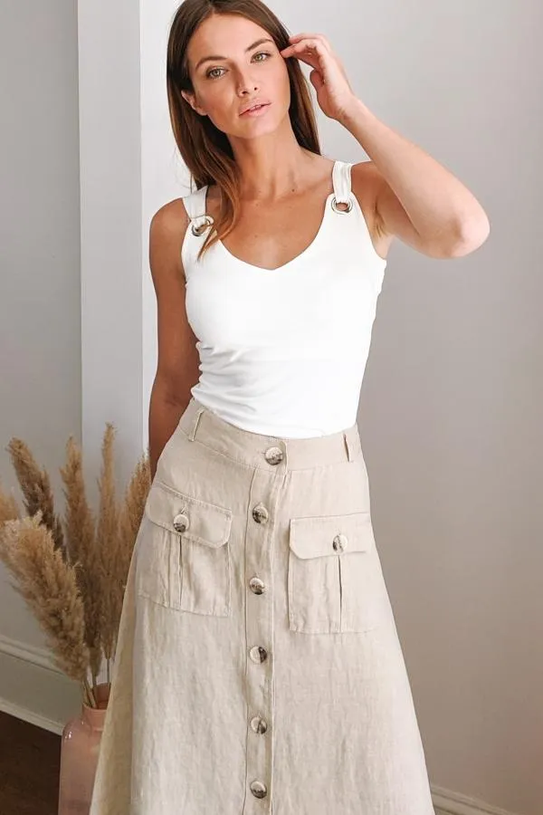 Sosandar Skirts Women Natural Button Front Linen Midi Skirt
