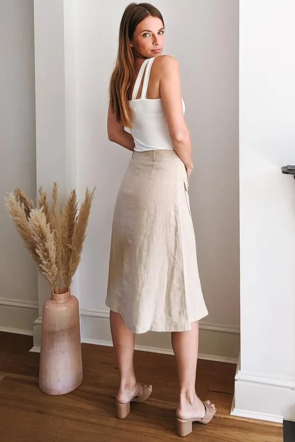 Sosandar Skirts Women Natural Button Front Linen Midi Skirt