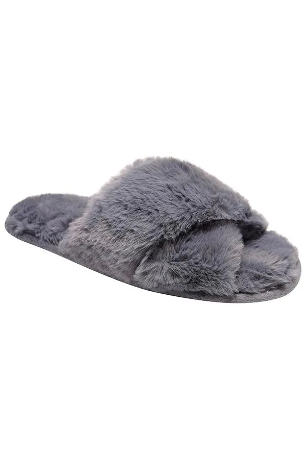 Sosandar Slippers Women Dark Grey Faux Fur Cross Strap Slippers Grey