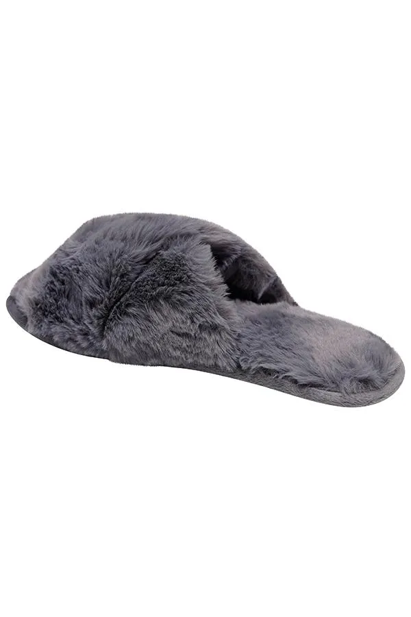 Sosandar Slippers Women Dark Grey Faux Fur Cross Strap Slippers Grey