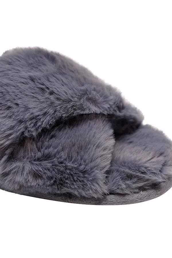 Sosandar Slippers Women Dark Grey Faux Fur Cross Strap Slippers Grey