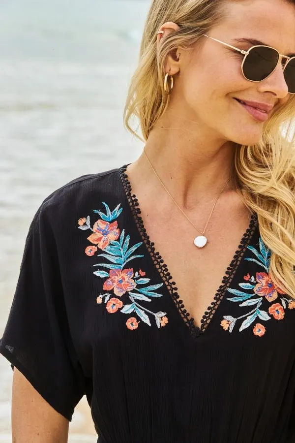 Sosandar Swim and Beachwear Women Black Embroidered Detail Tie Back Kaftan Black