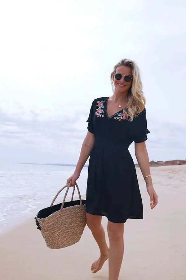 Sosandar Swim and Beachwear Women Black Embroidered Detail Tie Back Kaftan Black