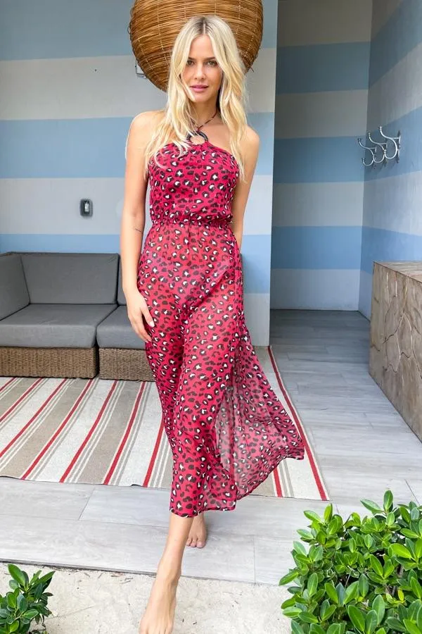 Sosandar Swim and Beachwear Women Red Leopard Print Halter Neck Sunshine Dress Red Sosandar Swim and Beachwear Women Red Leopard Print Halter Neck Sunshine Dress Red