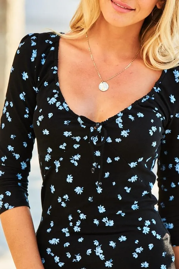 Sosandar Tops Women Black and Blue Ditsy Floral Ruched Neck Top Black Blue
