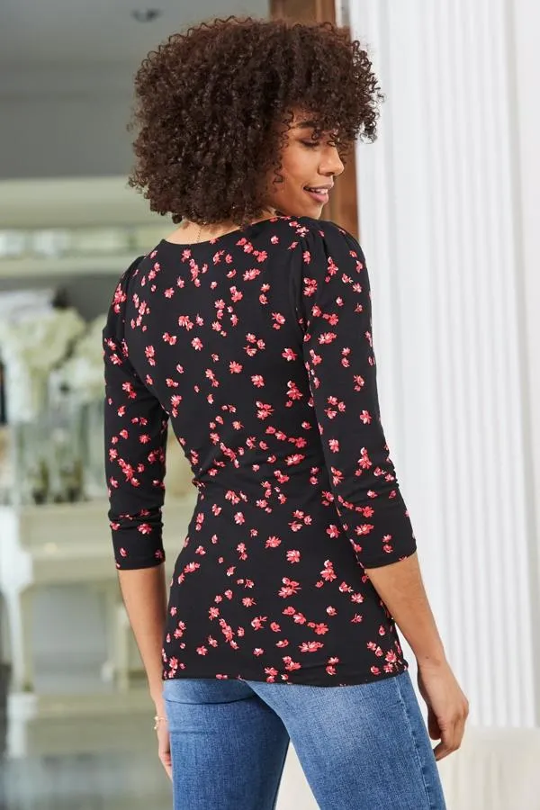 Sosandar Tops Women Black and Red Ditsy Floral Print Ruched Front Top Black Red