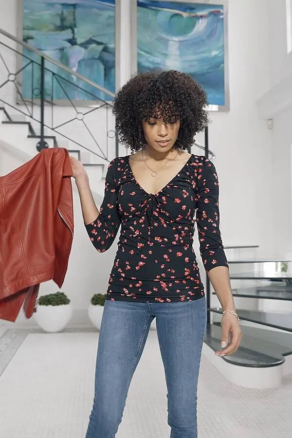 Sosandar Tops Women Black and Red Ditsy Floral Print Ruched Front Top Black Red